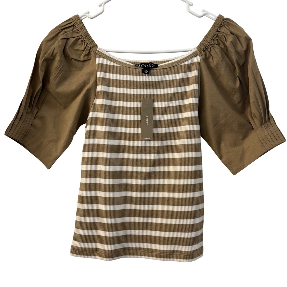 J.‎ Crew Striped Puff Sleeve Square Neck Ribbed Top Brown White CA851 XS NEW
